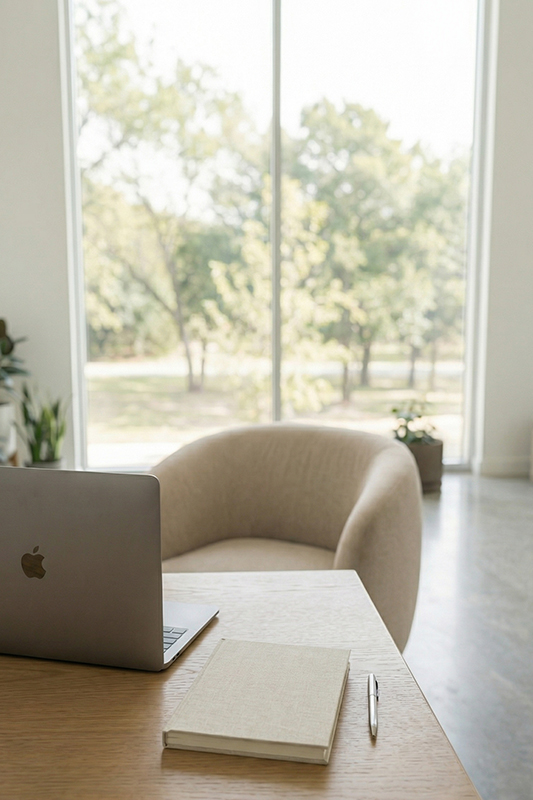 Junge Frau sitzt mit Laptop an einem Tisch.